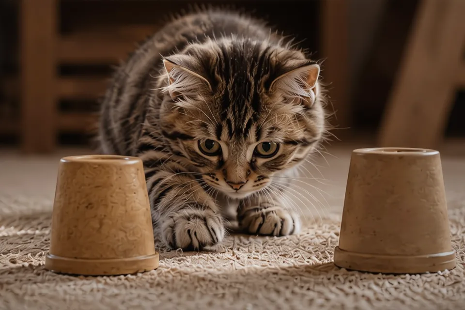 A curious tabby kitten crouches on a soft carpet, focused on three upside-down cups in a warm, cozy living room, as if playing a memory game.