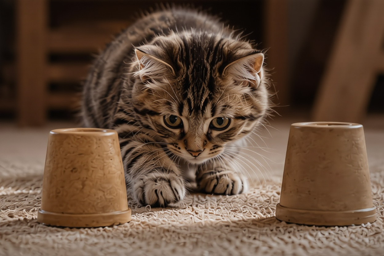 Cats remember more than we often think. From places and routines to hidden objects and familiar voices, feline memory is quietly remarkable and deeply connected to the feeling of home. A curious tabby kitten crouches on a soft carpet, focused on three upside-down cups in a warm, cozy living room, as if playing a memory game.