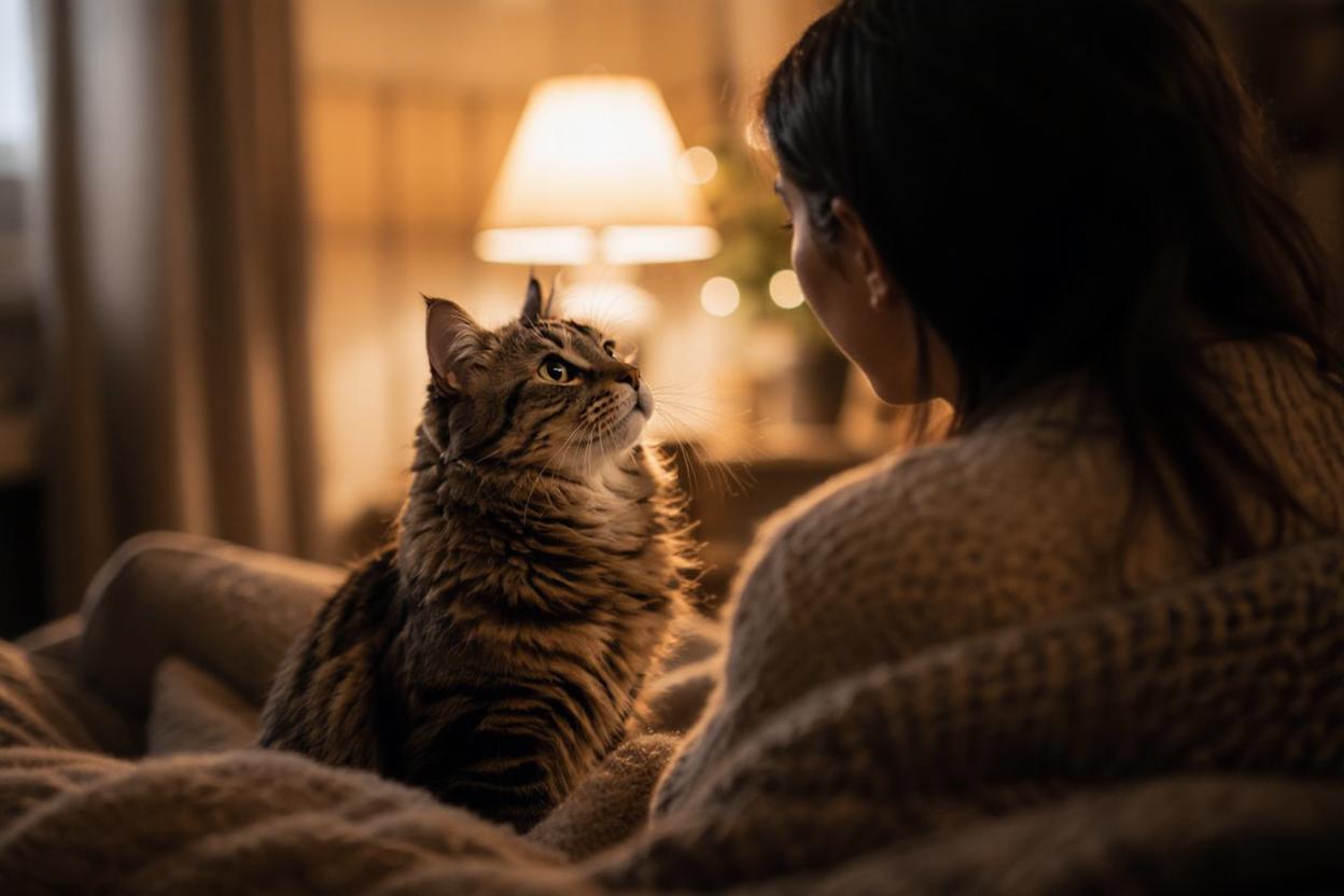 Cats remember voices, routines, and the people they feel safe with. Quiet moments like these — warm evenings, familiar faces, and silent companionship become part of the emotional memory they carry through life. A fluffy tabby cat sits on a cozy sofa, looking attentively at a woman in a softly lit living room filled with warm evening light and calm домашняя atmosphere.