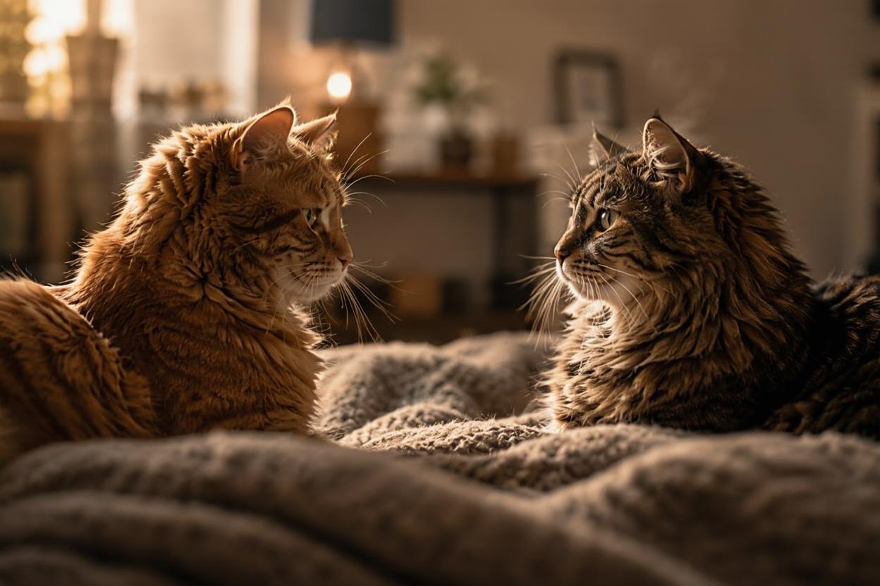 Cats remember more than places they remember each other too. Research suggests that cats can recognize familiar animals, voices, and social connections, forming quiet bonds that become part of everyday family life. Two fluffy cats rest on a soft blanket in a warmly lit living room, quietly facing each other in a calm and intimate home atmosphere.