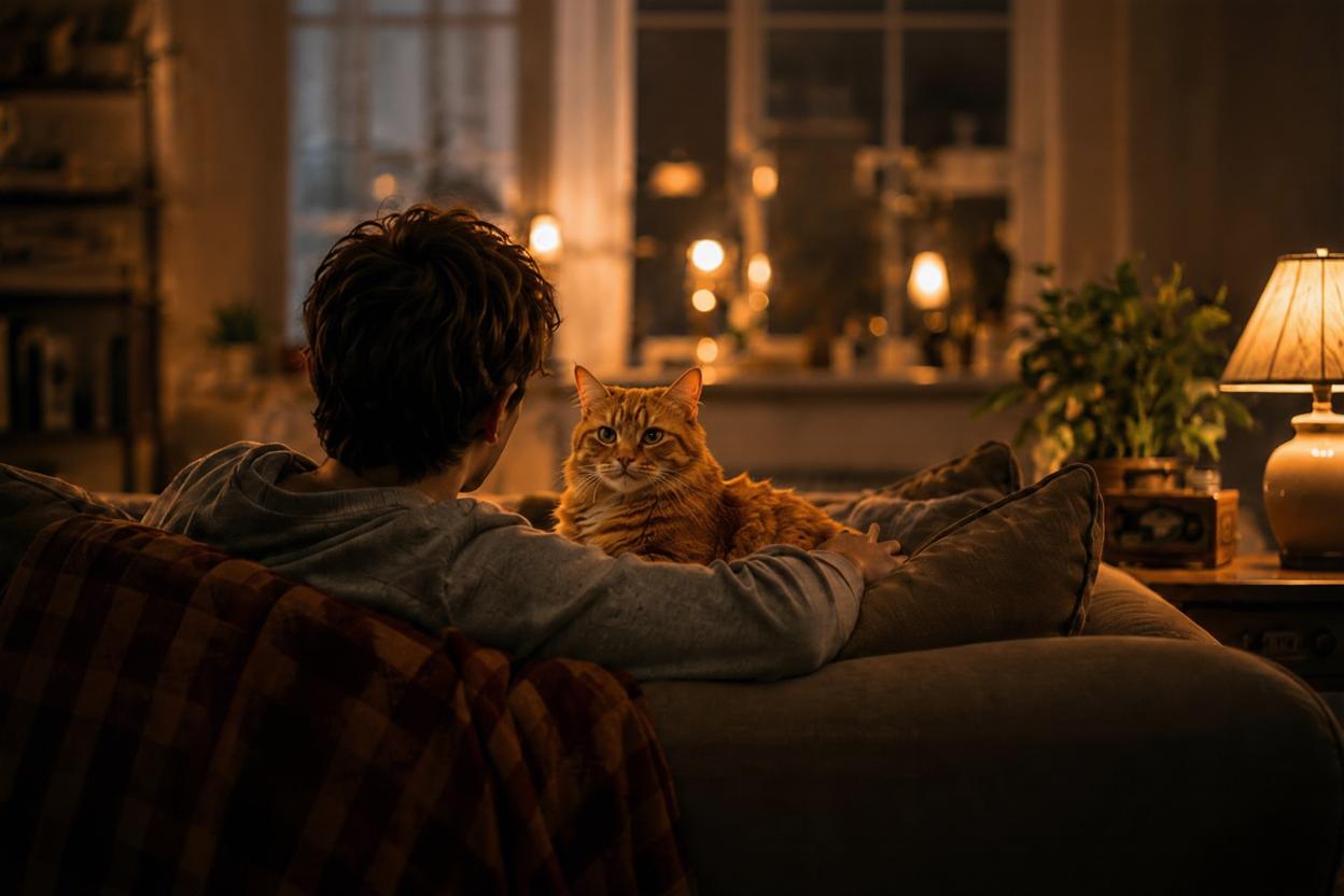 Cats often become part of our quietest and most meaningful routines. Familiar evenings, warm rooms, soft voices, and shared silence are all part of the emotional memories they carry with them through life. A person sits on a cozy sofa with a fluffy tabby cat in a softly lit living room, surrounded by warm evening light and a calm home atmosphere.